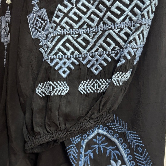 Johnny Was Black lightweight Blouse with Multicolor Embroidery XL tie at neck - Picture 14 of 15